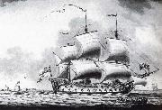 A drawing of a British two-decker off Calshot Castle, Francis Swaine